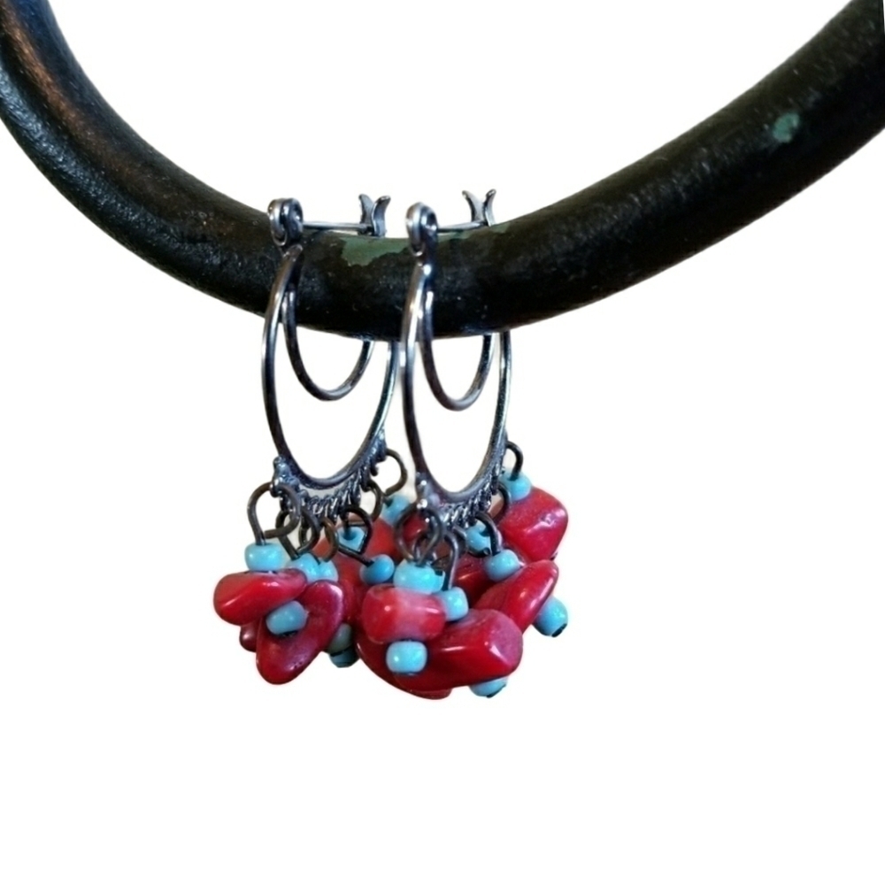 Maroon and turquoise boho dangle earrings